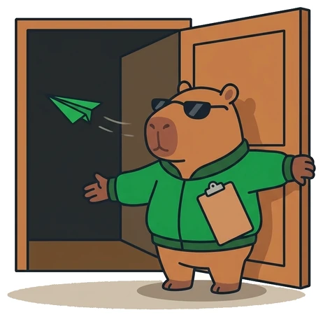 flconsole mascot, a capybara in sunglasses and a green jacket, holding the door open