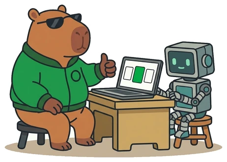 flconsole mascot, a capybara in sunglasses and a green jacket, giving a thumbs-up next to a friendly robot at a laptop