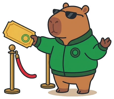flconsole mascot, a capybara in sunglasses and a green jacket, handing out a free pass at a velvet rope